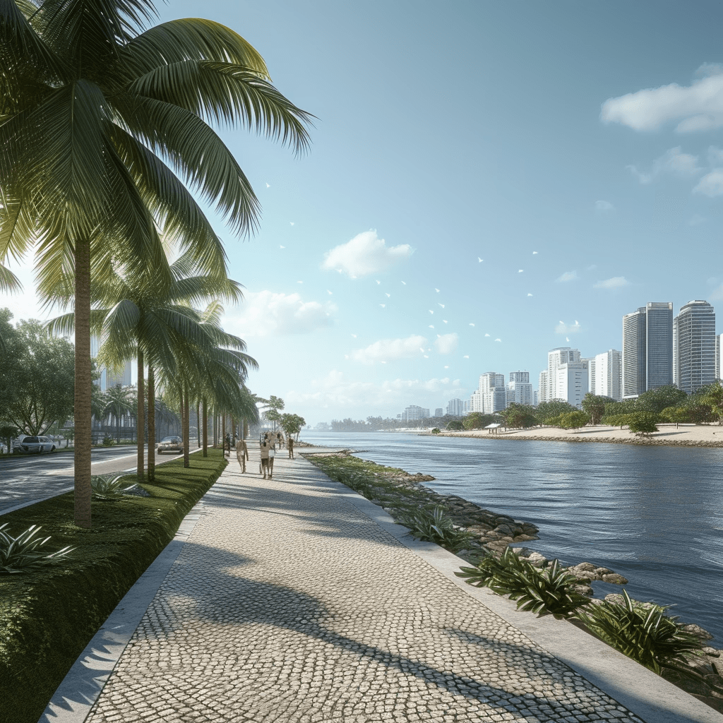 Coastal boardwalk lined with palms