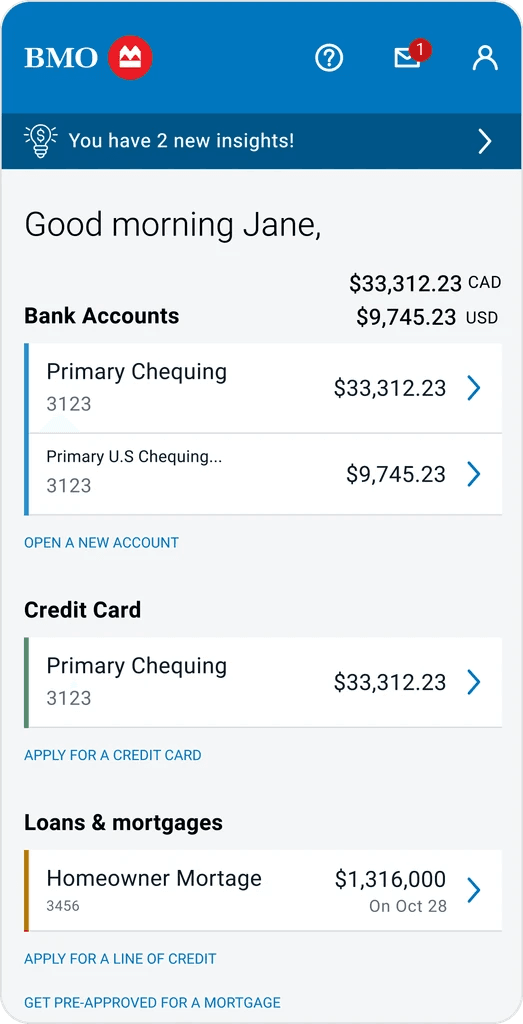 BMO Account Summary mobile screen with budgeting entry point