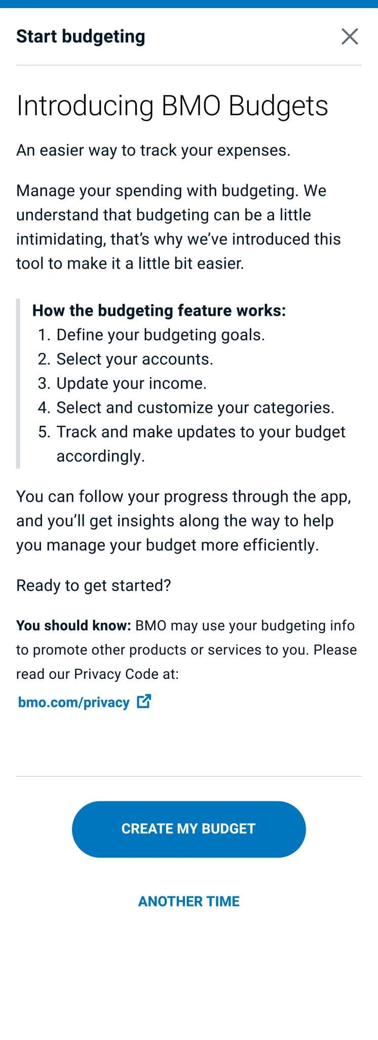Introducing BMO Budgets onboarding modal