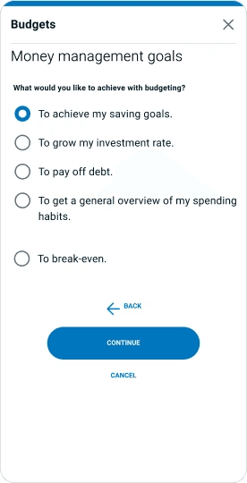 Money management goals selection screen