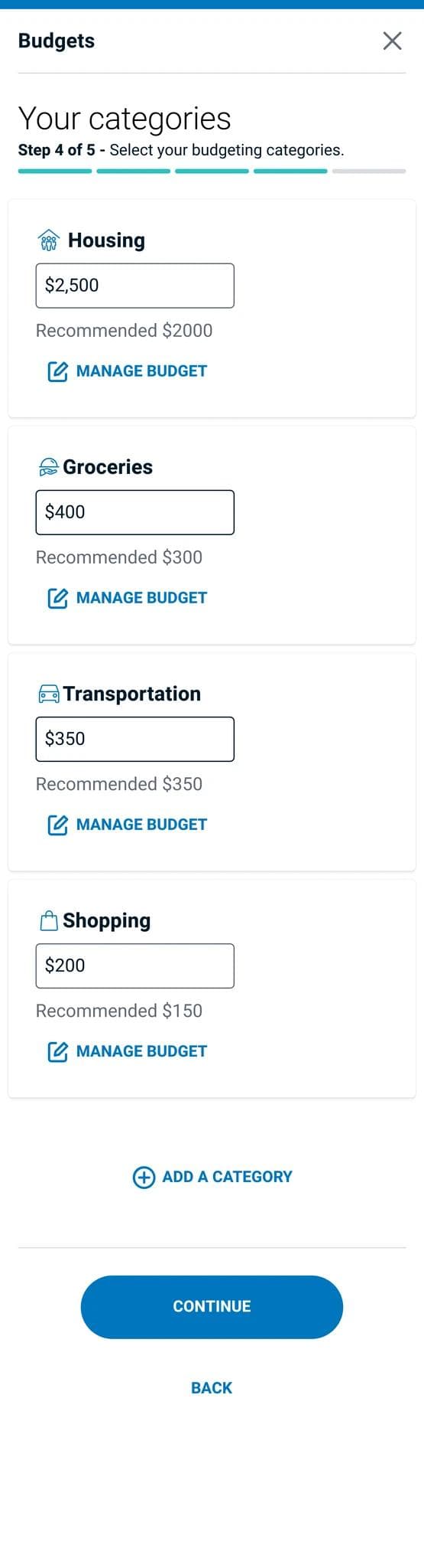 Set up your budget category amounts screen