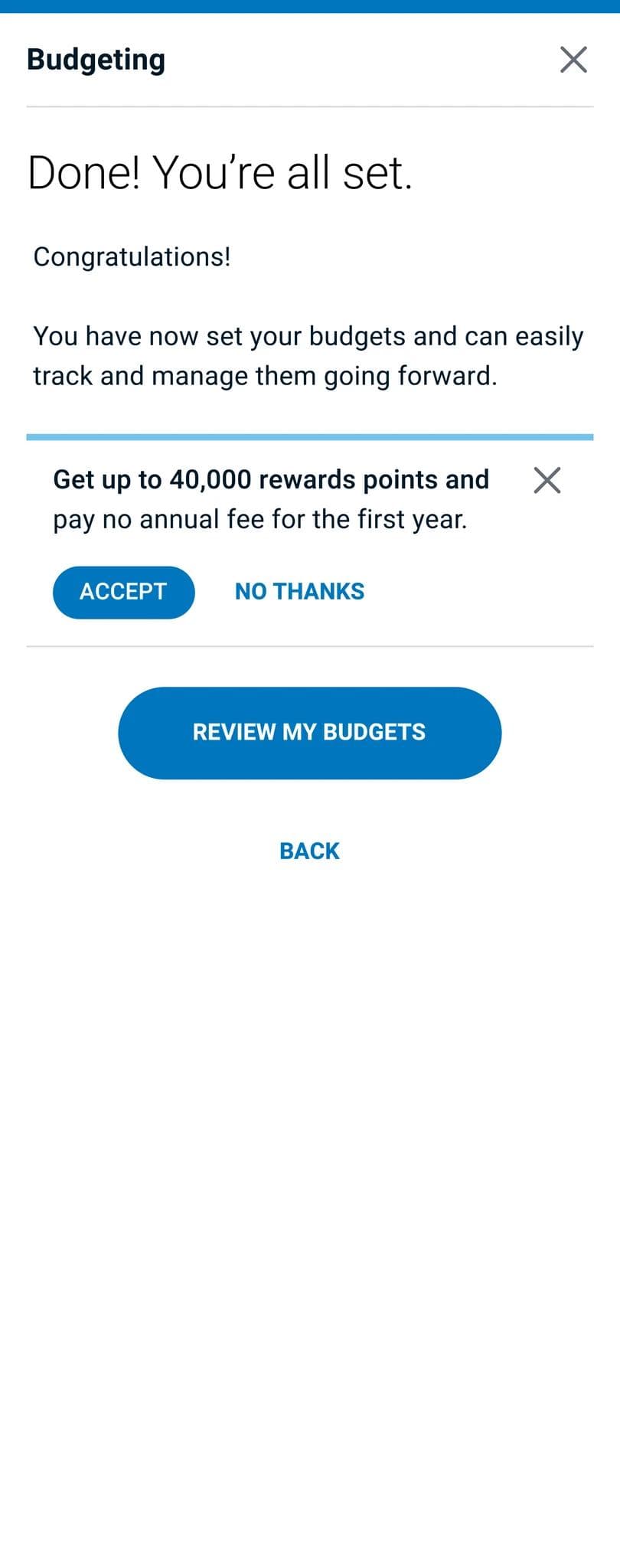 Budgeting confirmation screen with rewards cross-sell