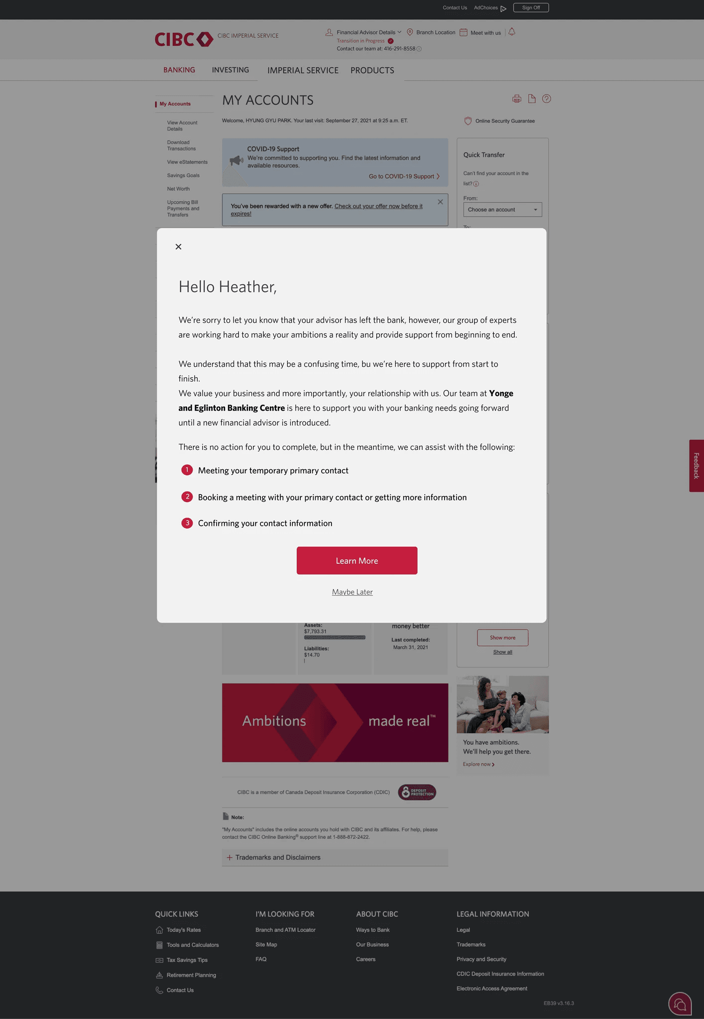 Initial advisor transition notification modal