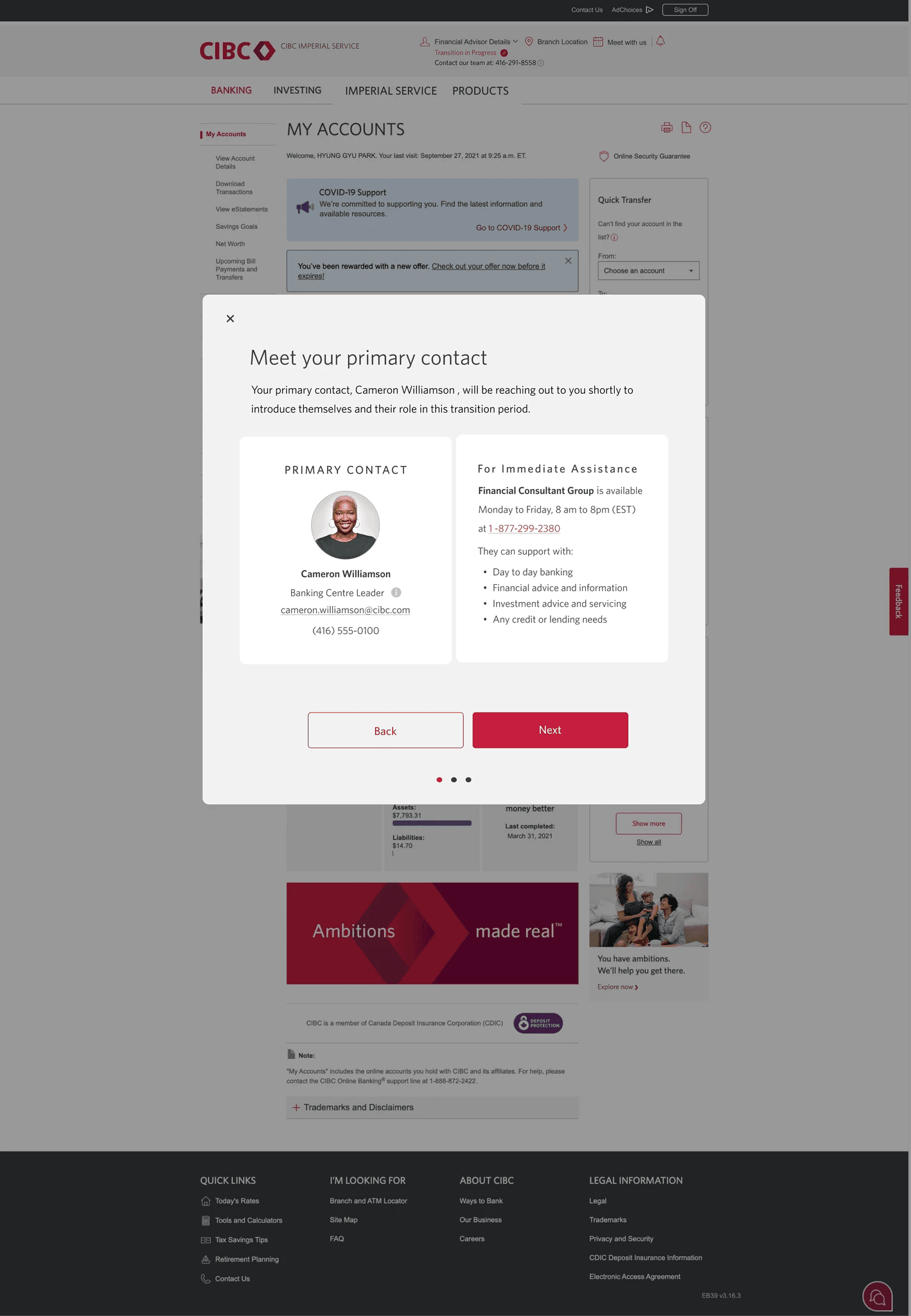 Meet your primary contact screen