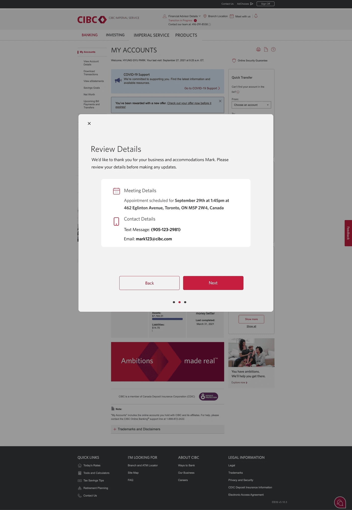 Meeting confirmation screen