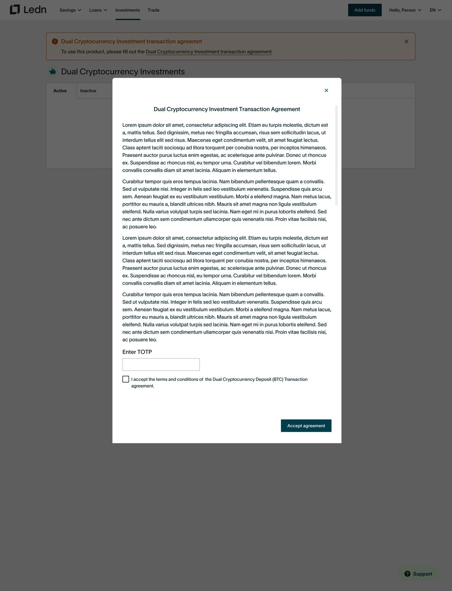 Transaction agreement modal with terms and accept action