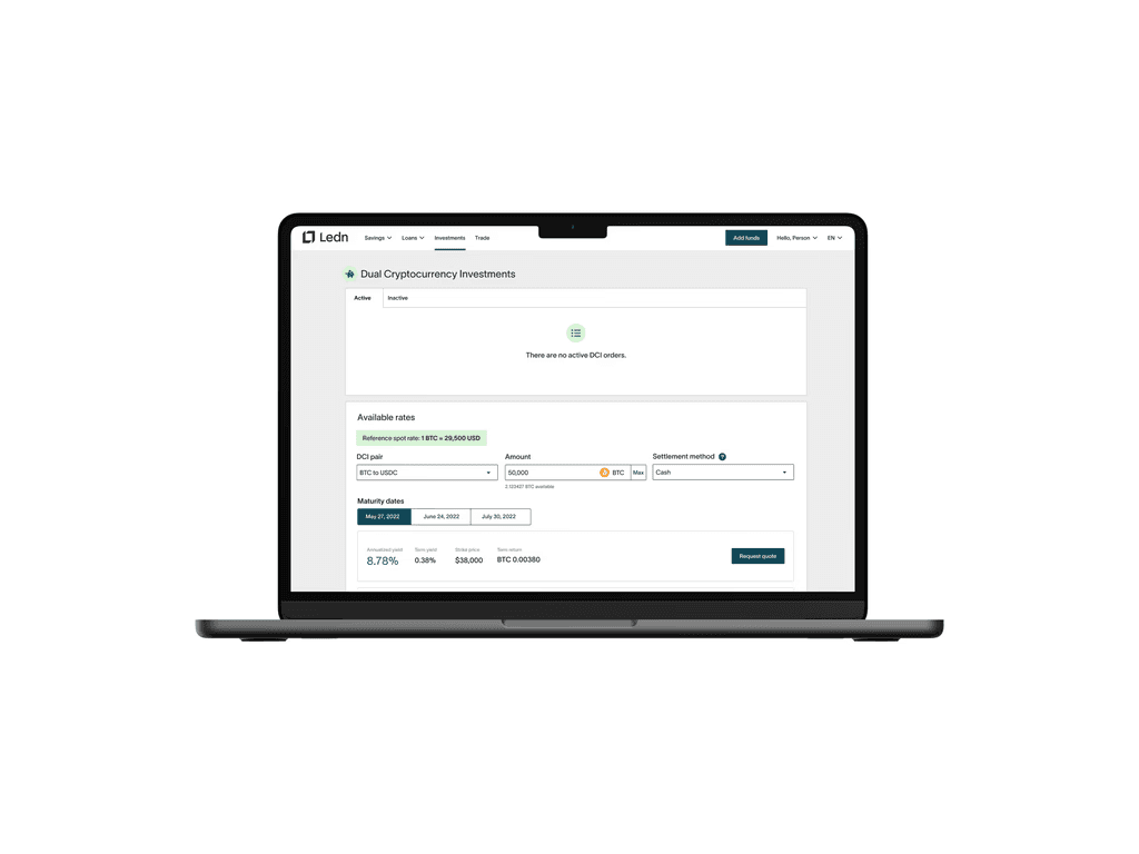 Ledn Dual Cryptocurrency Investments dashboard on a laptop