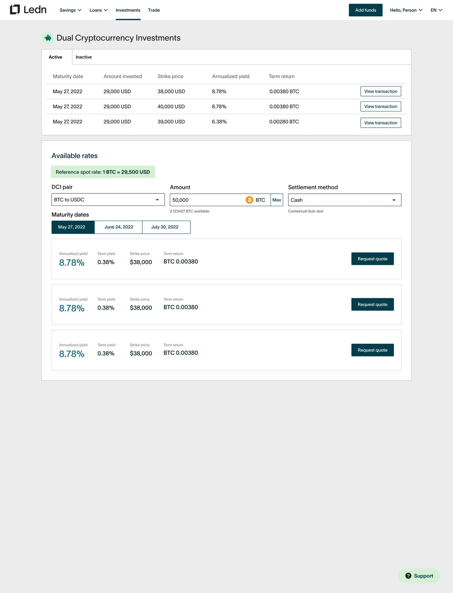 Active Dual Cryptocurrency Note order table with multiple positions