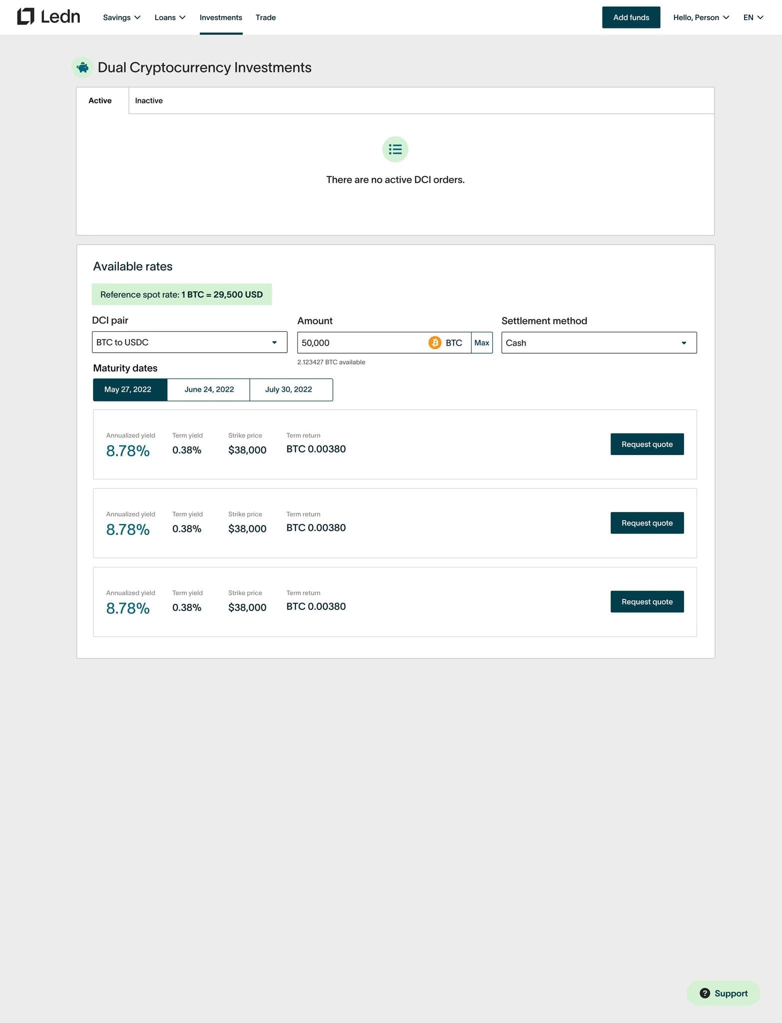 Dual Cryptocurrency Investments empty state with available rates form