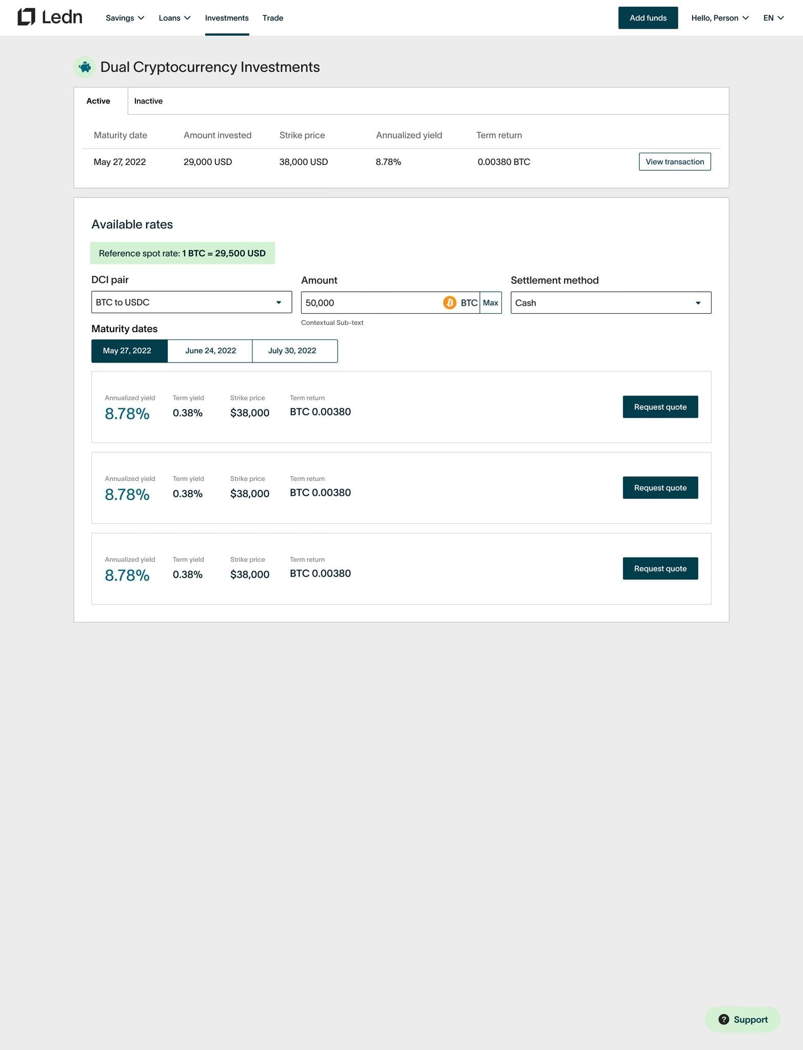 Active Dual Cryptocurrency Note order with available rate cards