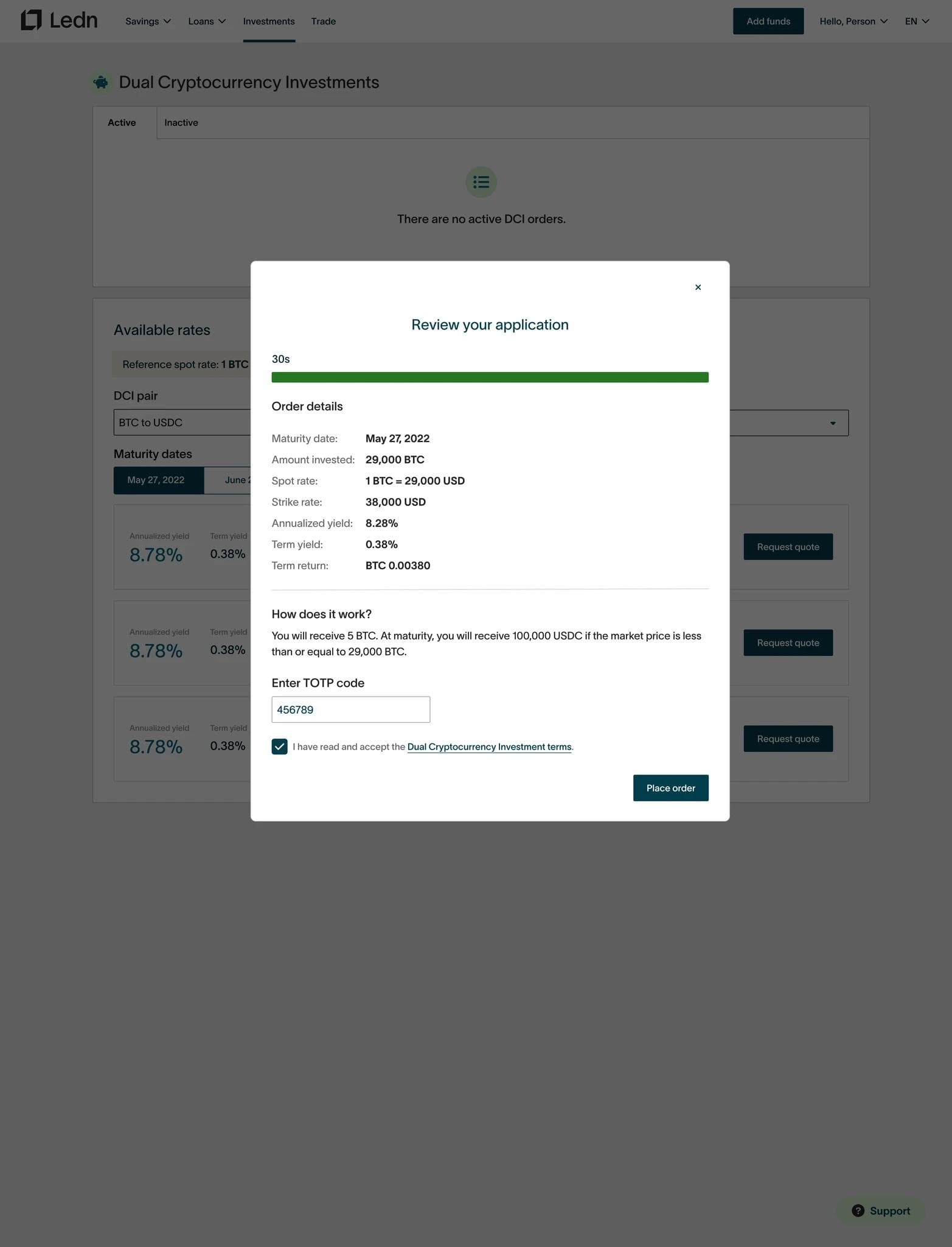 Review your application modal with countdown and order details