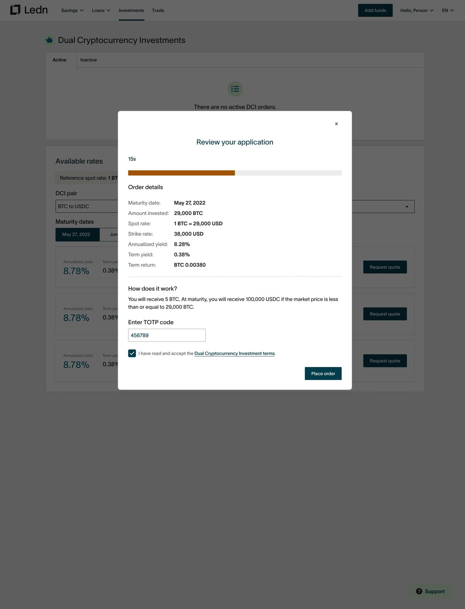 Place order modal with how it works education and TOTP