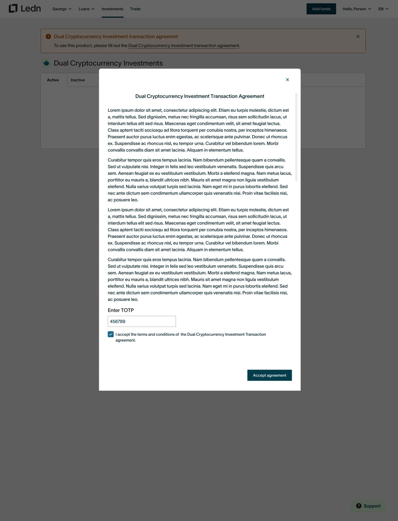 TOTP verification and terms acceptance before proceeding