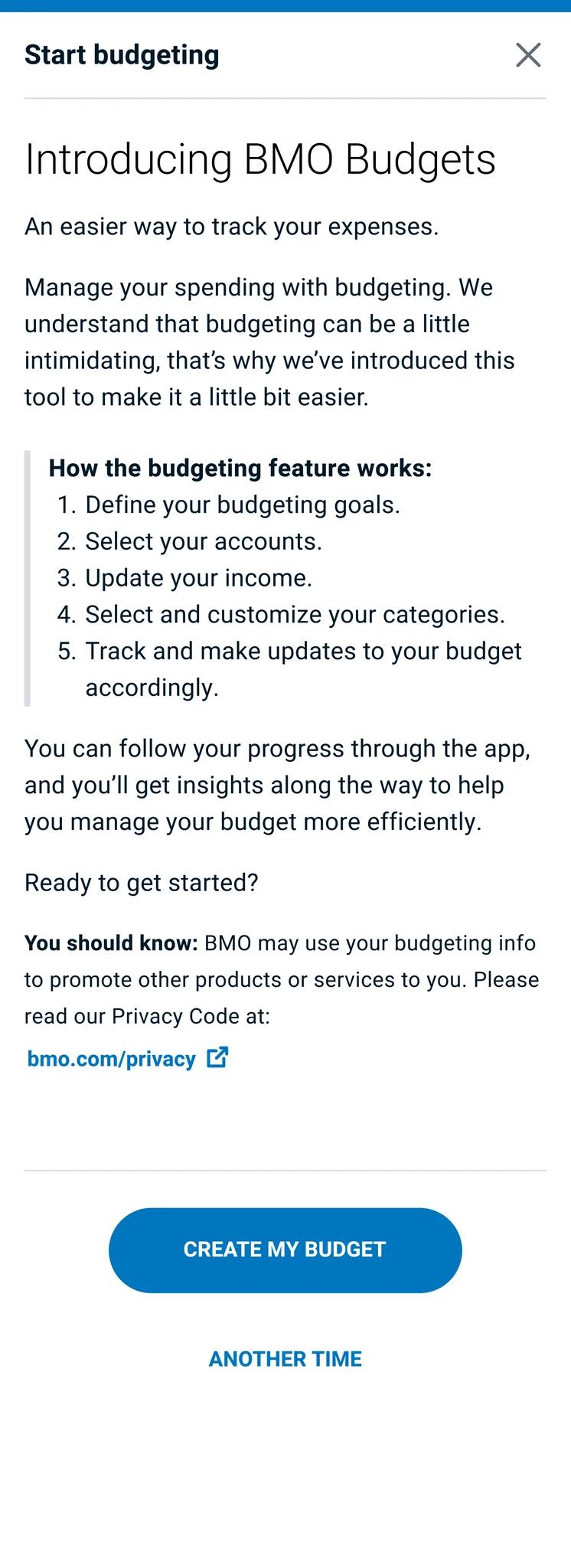 Introducing BMO Budgets onboarding modal