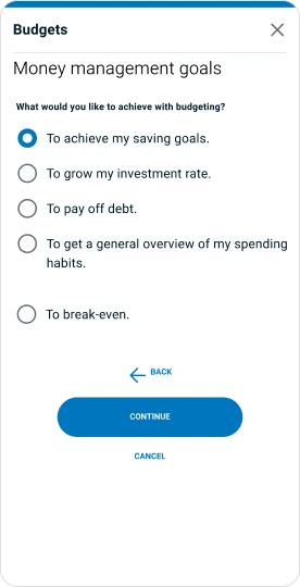 Money management goals selection screen