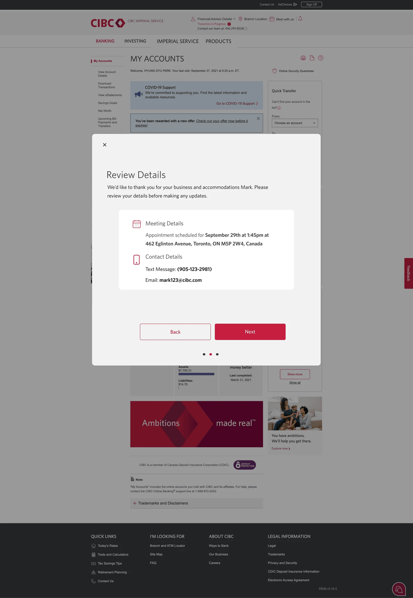 Meeting confirmation screen