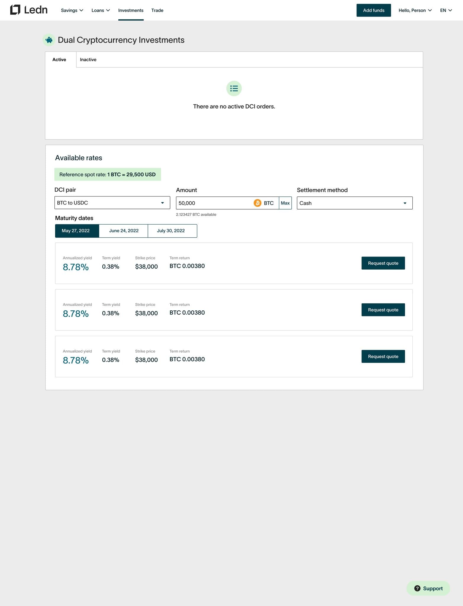 Dual Cryptocurrency Investments empty state with available rates form