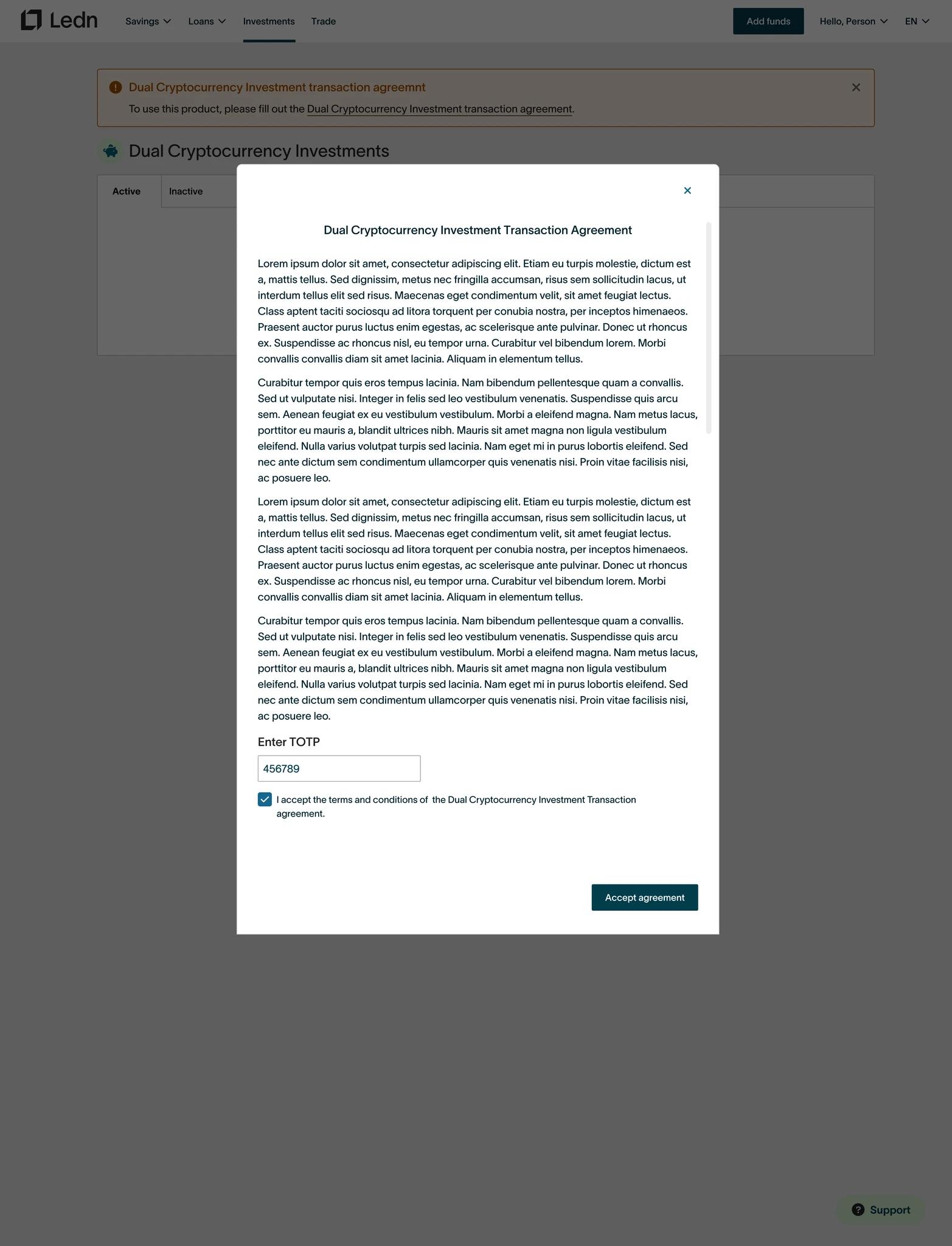 TOTP verification and terms acceptance before proceeding